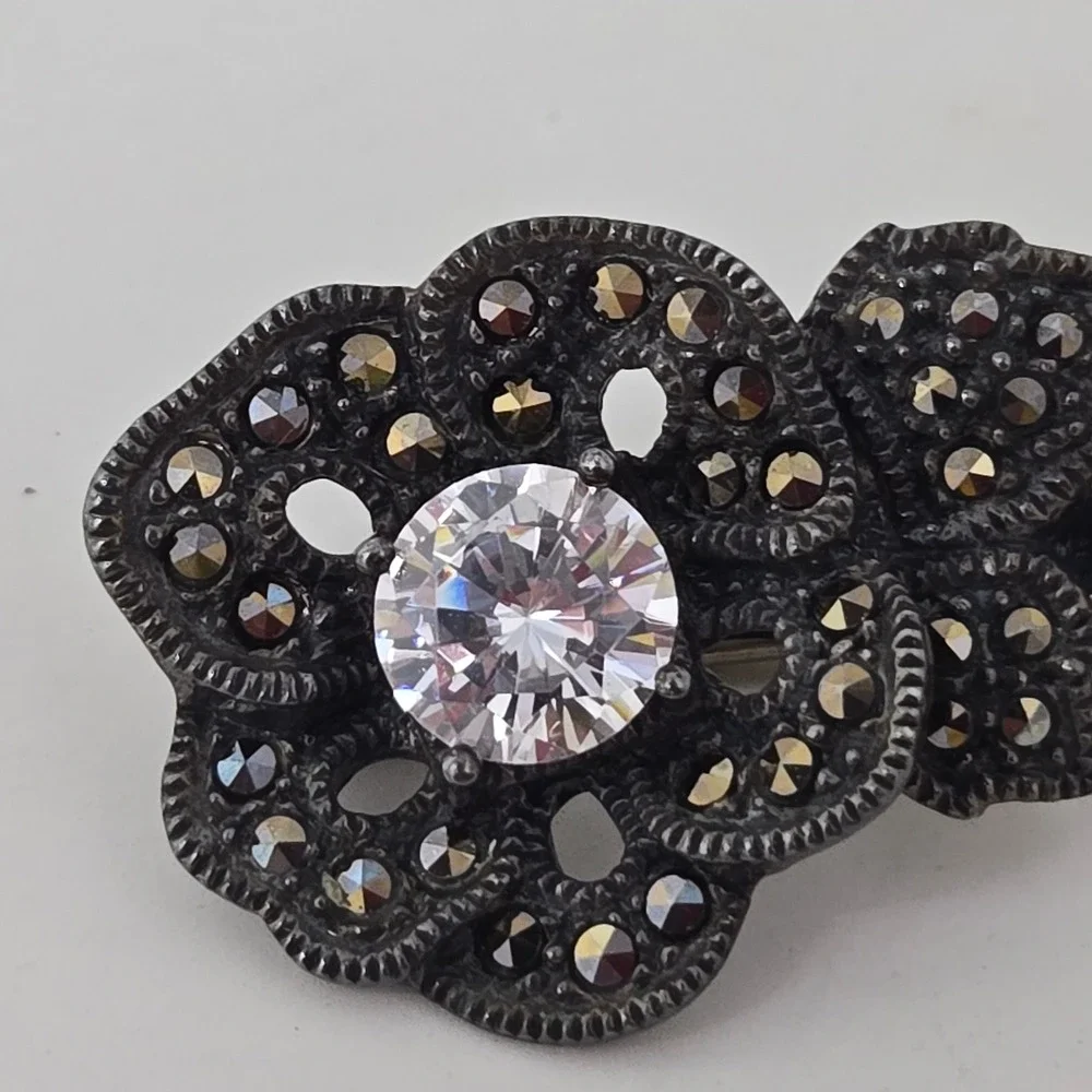 Judith Jack Sterling Silver‎ Marcasite Flower Brooch Pin Cubic Zirconia Rose JJ
